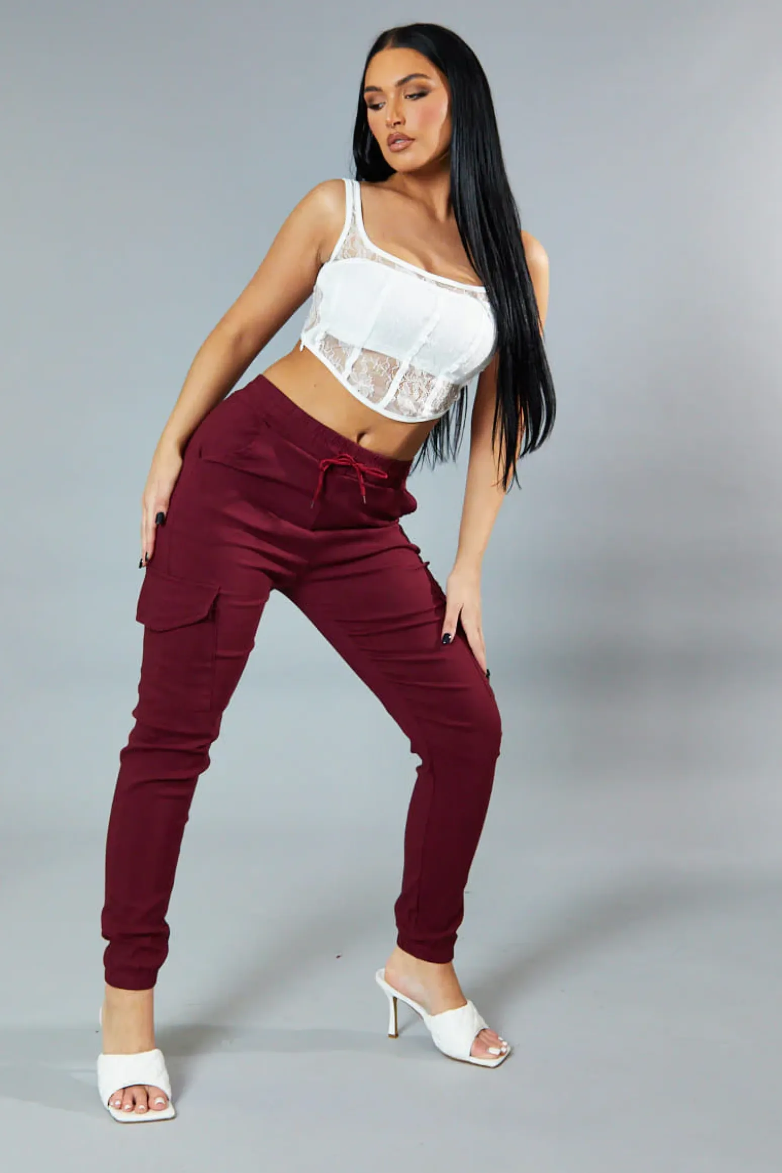 Rebellious Fashion Burgundy Cuffed Hem Cargo Trousers - Rain