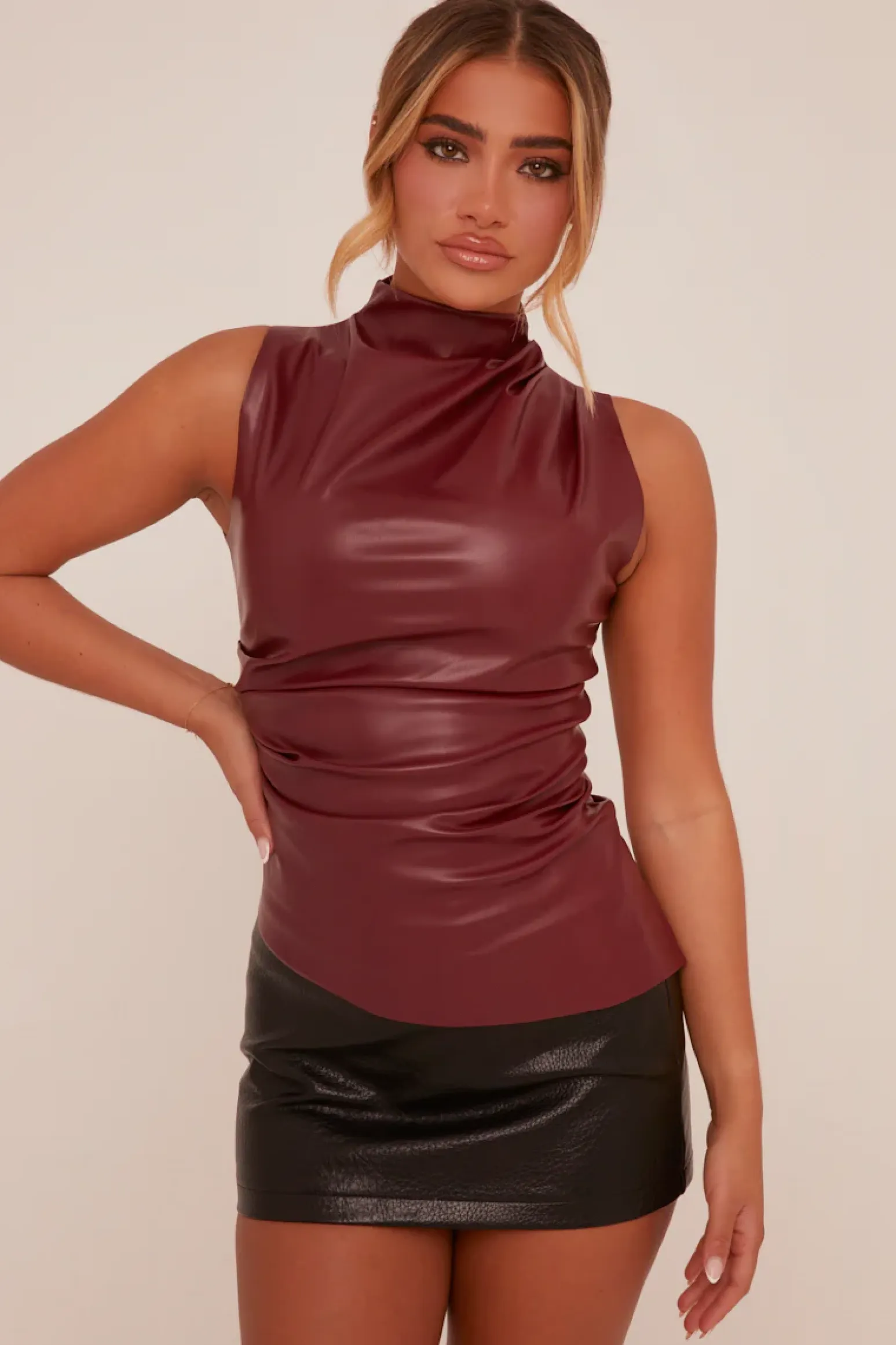 Rebellious Fashion Burgundy Faux Leather Ruched Top - Danica