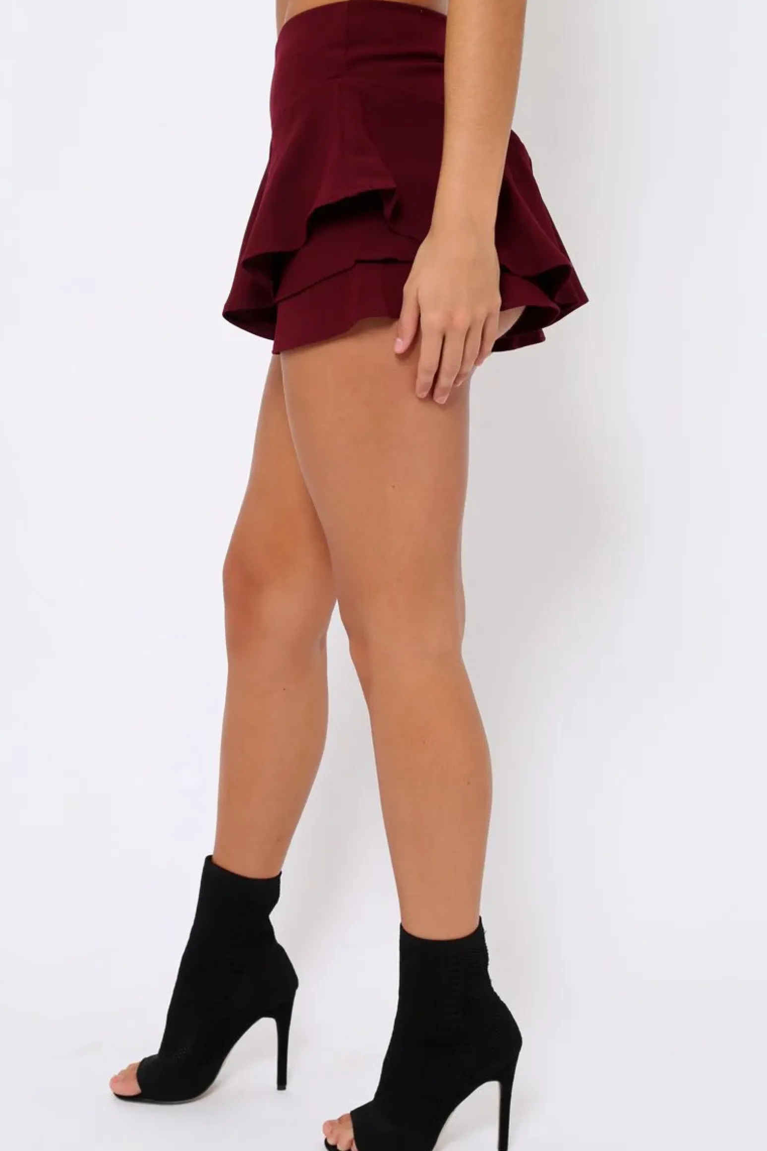 Rebellious Fashion Burgundy Frill High Waisted Shorts - Claudelle