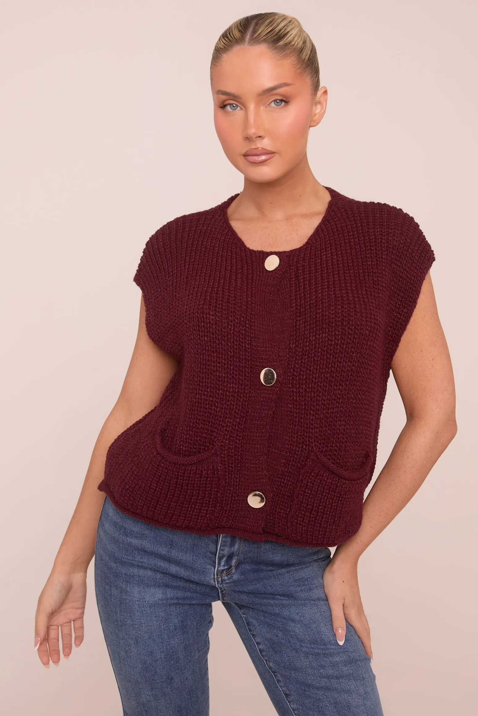 Rebellious Fashion Burgundy Knit Button Up Sleeveless Cardigan - Sally