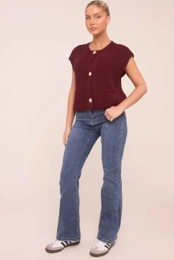 Rebellious Fashion Burgundy Knit Button Up Sleeveless Cardigan - Sally