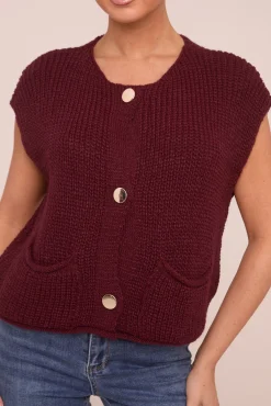 Rebellious Fashion Burgundy Knit Button Up Sleeveless Cardigan - Sally