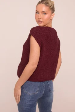 Rebellious Fashion Burgundy Knit Button Up Sleeveless Cardigan - Sally