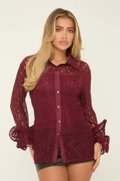 Rebellious Fashion Burgundy Lace Frill Long Sleeves Button Up Shirt - Athena
