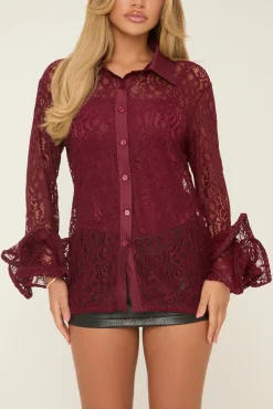 Rebellious Fashion Burgundy Lace Frill Long Sleeves Button Up Shirt - Athena
