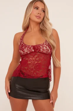 Rebellious Fashion Burgundy Lace Halter Neck Cropped Top - Katya