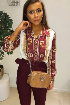 Rebellious Fashion Burgundy Leopard Print Detail Satin Shirt - Corean