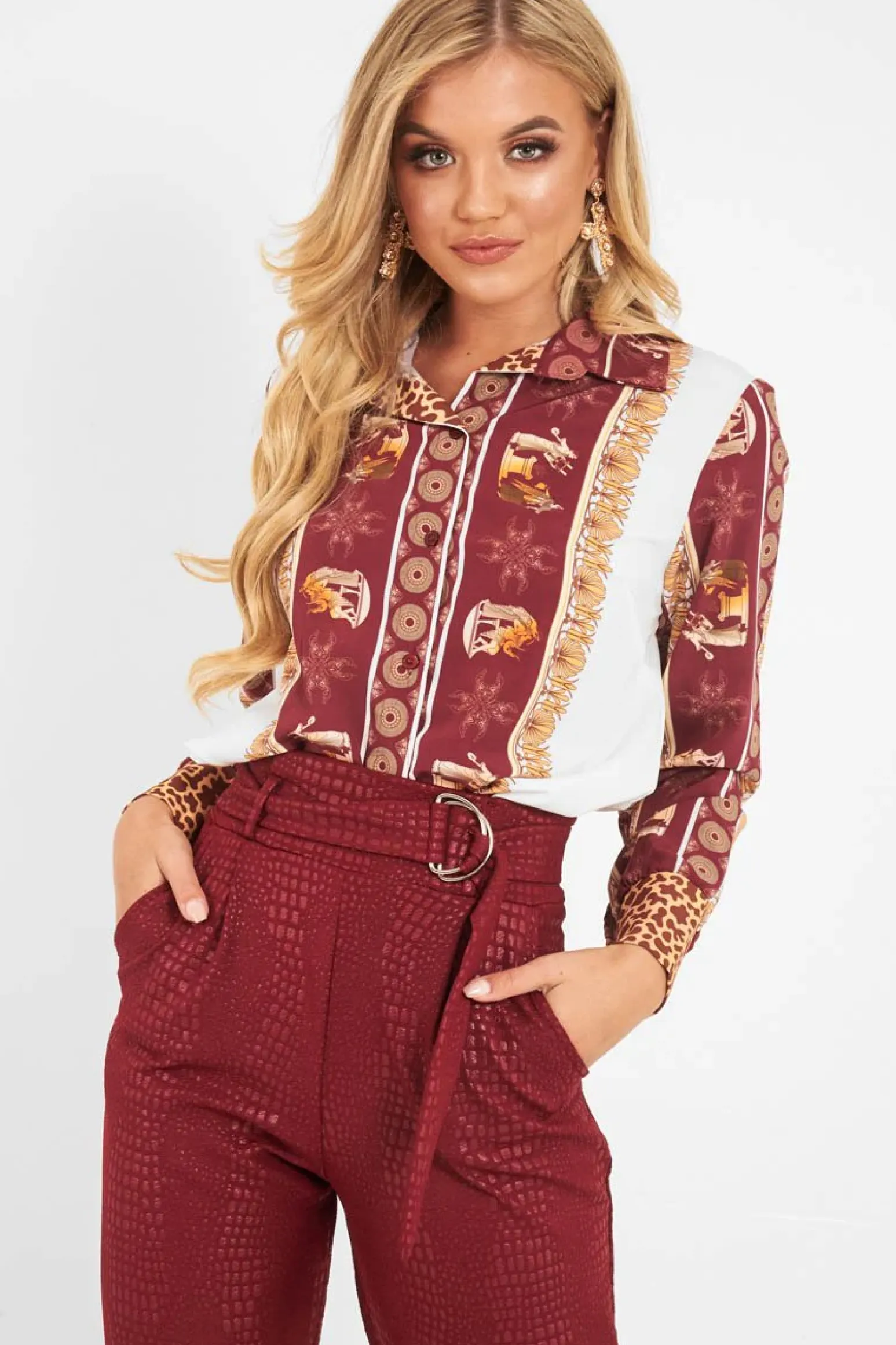 Rebellious Fashion Burgundy Leopard Print Detail Satin Shirt - Corean
