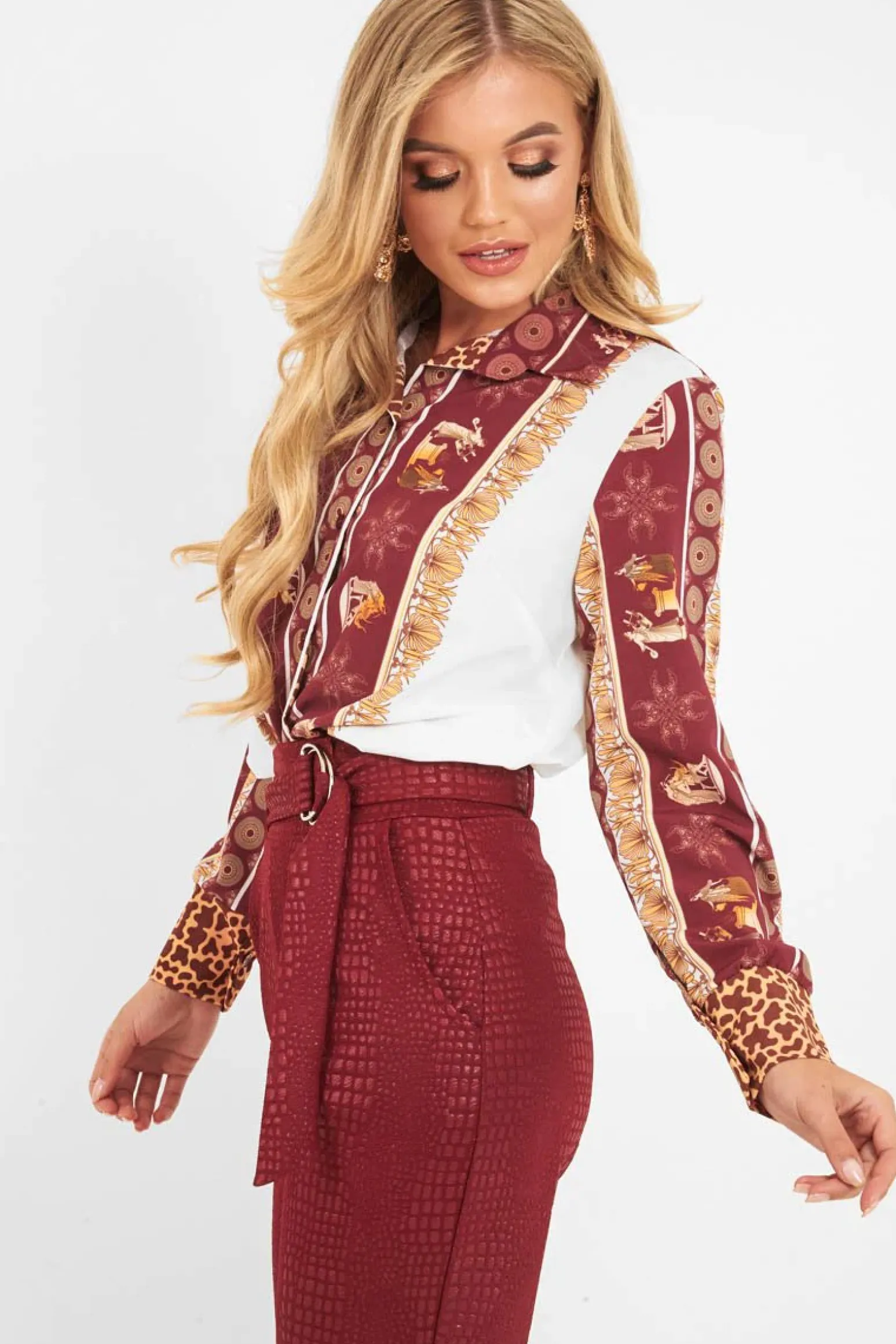 Rebellious Fashion Burgundy Leopard Print Detail Satin Shirt - Corean