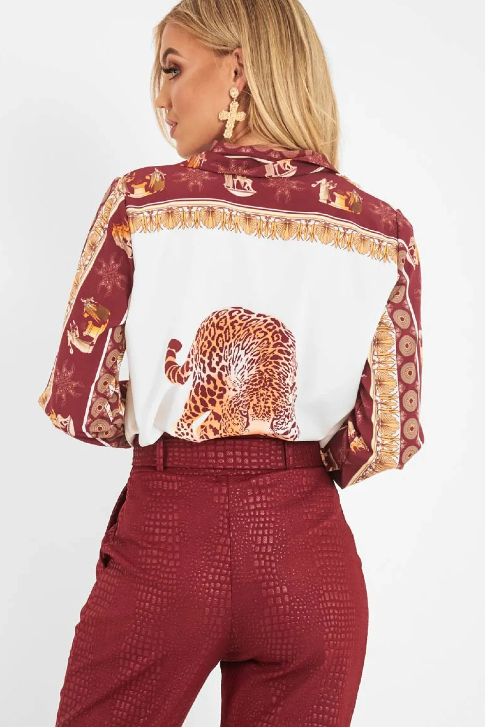 Rebellious Fashion Burgundy Leopard Print Detail Satin Shirt - Corean