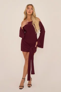 Rebellious Fashion Burgundy Long Flared Sleeves Drape Detail Bodycon Mini Dress - Maya