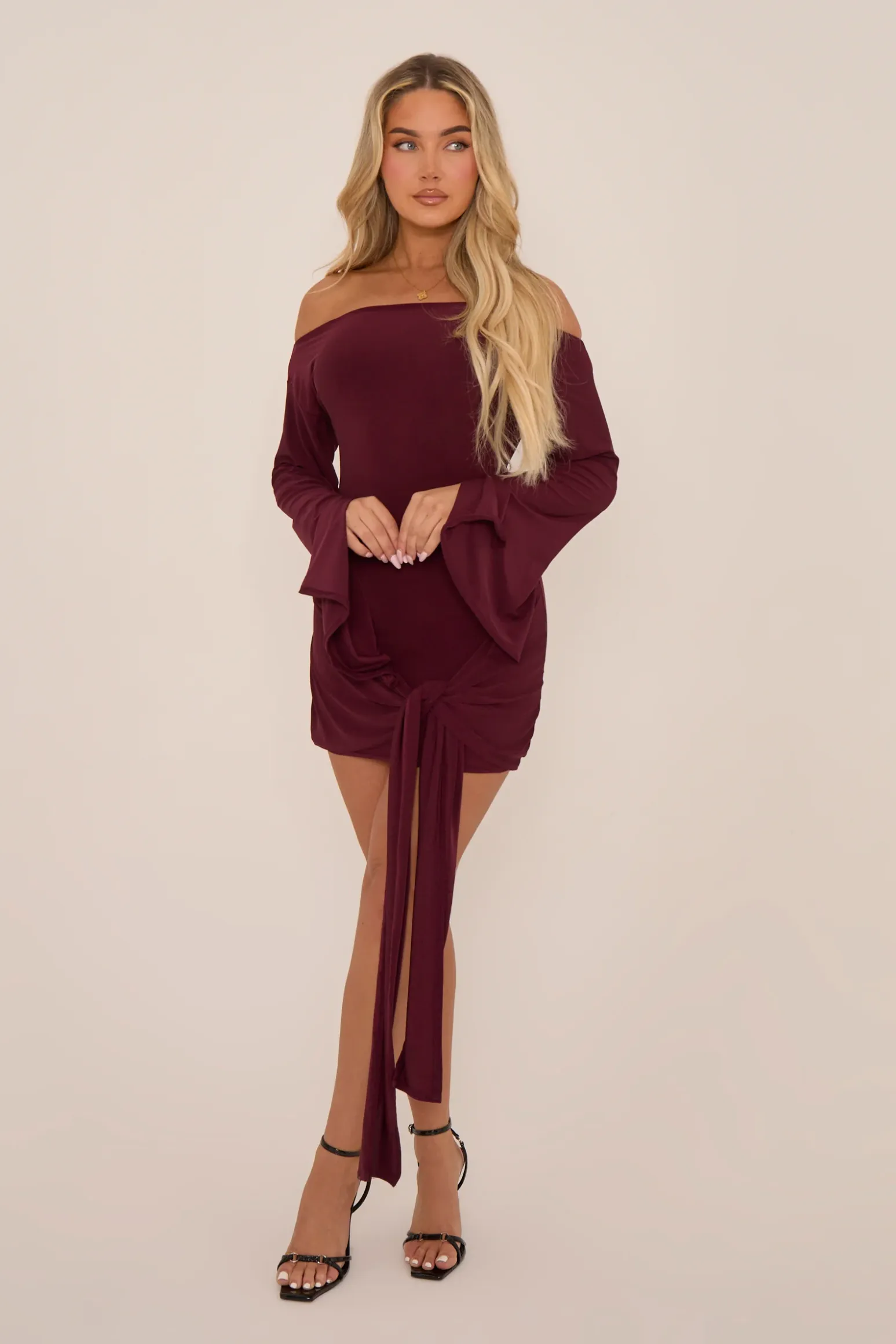 Rebellious Fashion Burgundy Long Flared Sleeves Drape Detail Bodycon Mini Dress - Maya