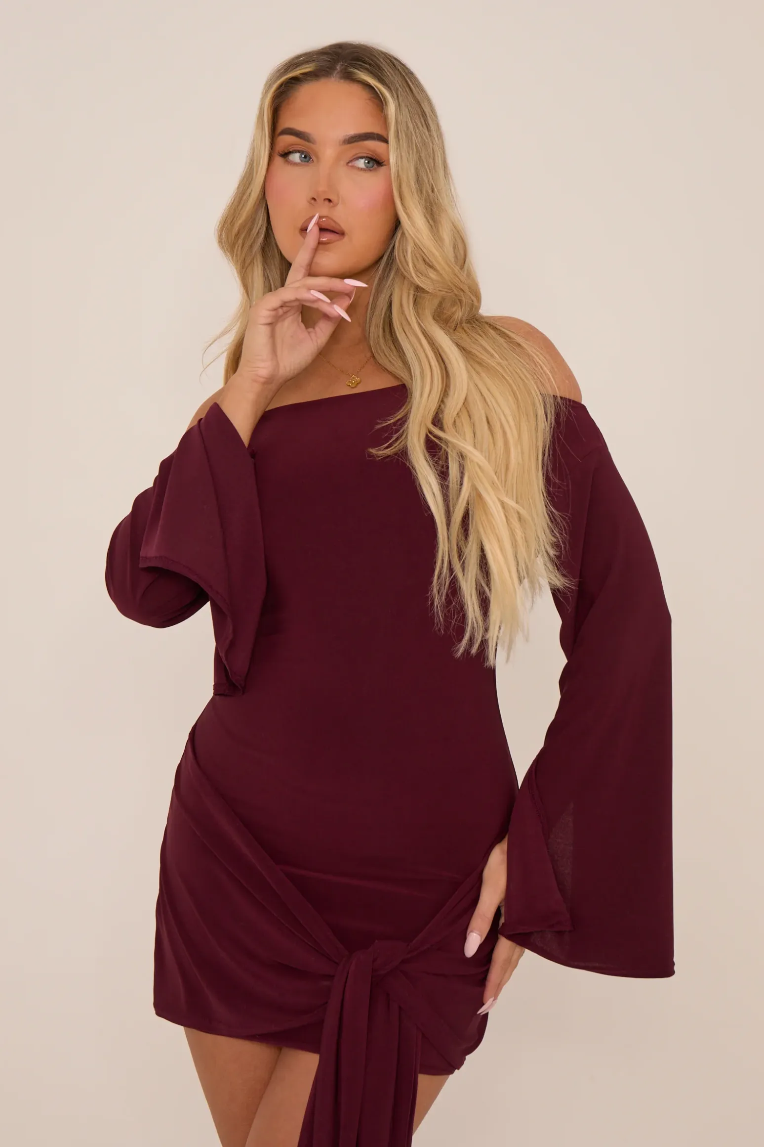 Rebellious Fashion Burgundy Long Flared Sleeves Drape Detail Bodycon Mini Dress - Maya