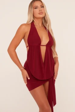 Rebellious Fashion Burgundy Plunge Neck Cowl Detail Top & Mini Skirt Co-ord Set - Lama