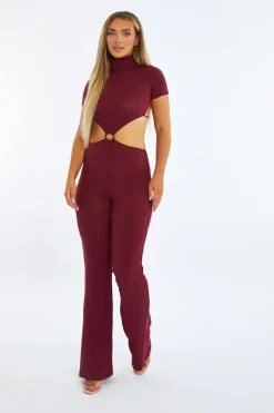 Rebellious Fashion Burgundy Rib Knit Cut Out Ring Detail Jumpsuit - Ayla