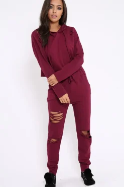 Rebellious Fashion Burgundy Ripped Loungewear Set - Natalia