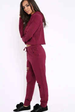 Rebellious Fashion Burgundy Ripped Loungewear Set - Natalia