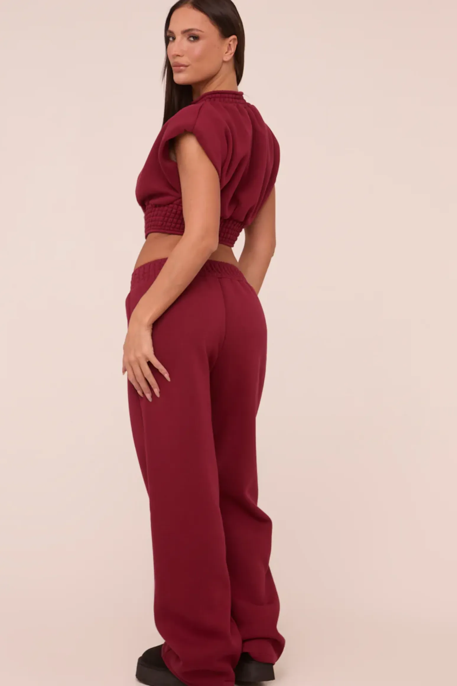 Rebellious Fashion Burgundy Shirring Detail Cropped Top & Straight Leg Trousers Co-ord Set - Harley