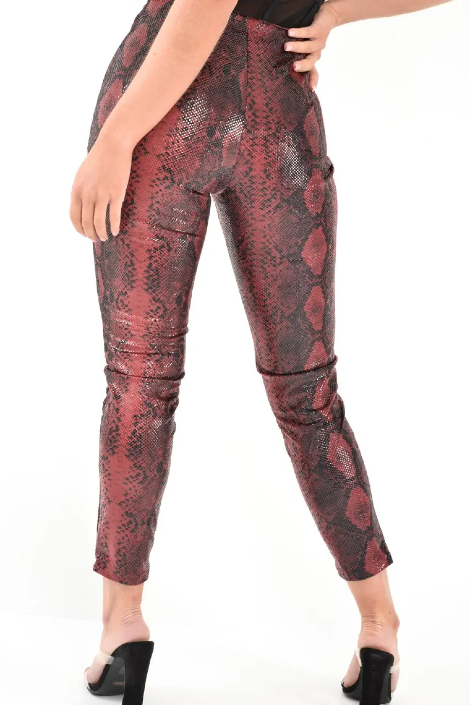 Rebellious Fashion Burgundy Snake Coated Zip Front Trousers - Destynie