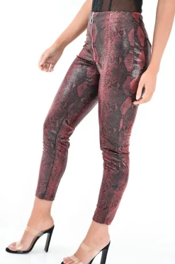Rebellious Fashion Burgundy Snake Coated Zip Front Trousers - Destynie