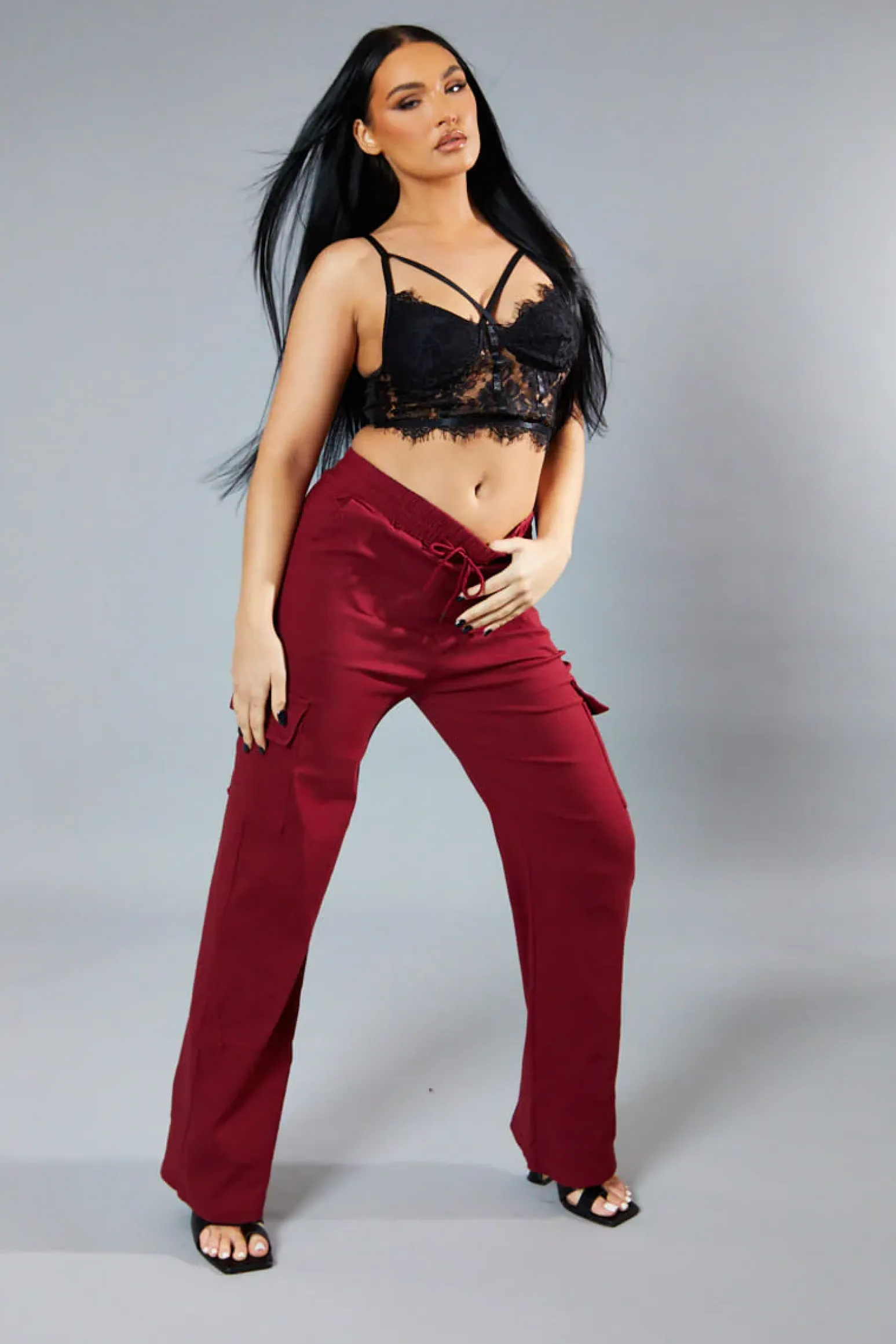 Rebellious Fashion Burgundy Straight Leg Cargo Trousers - Rian