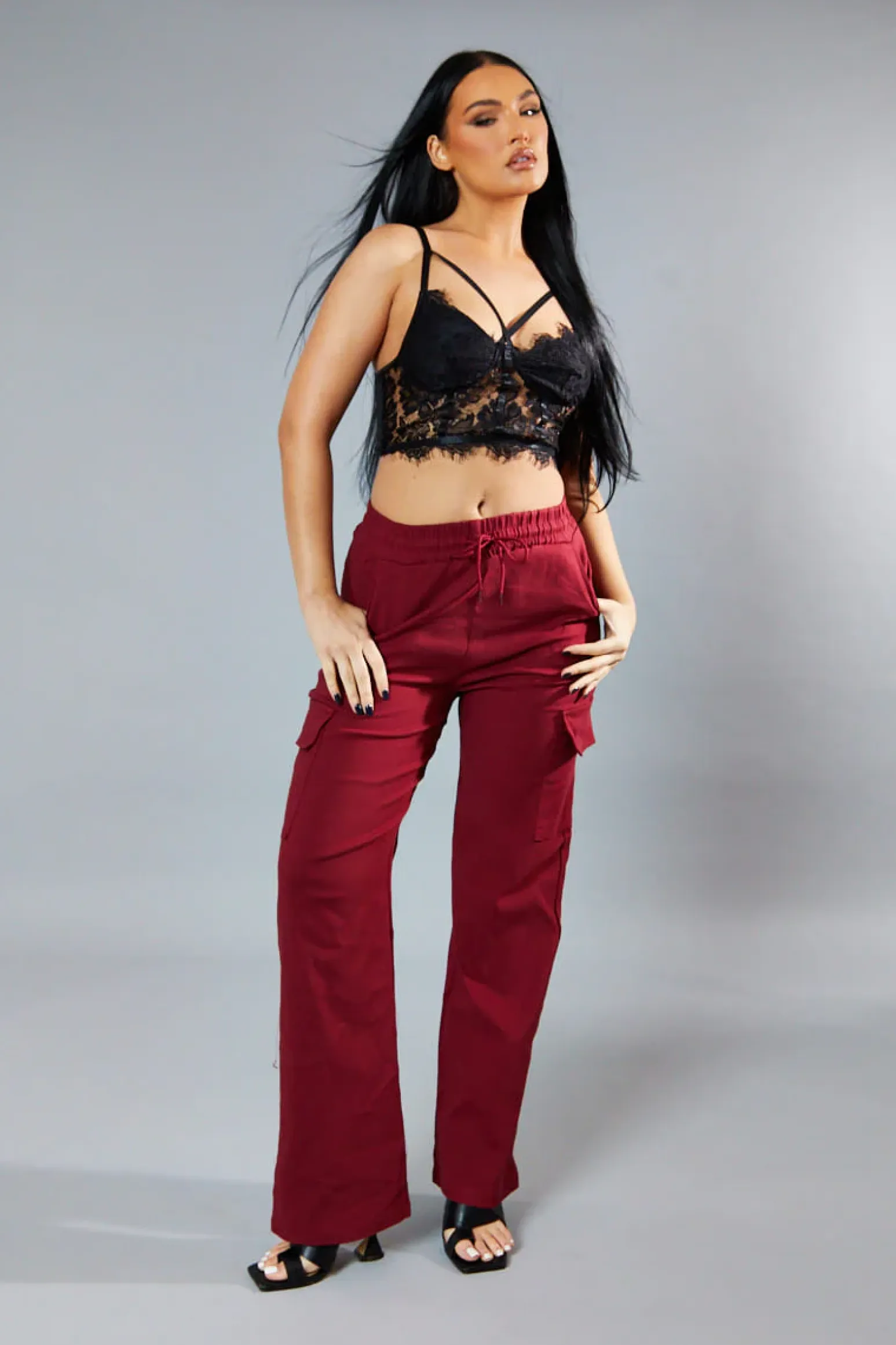 Rebellious Fashion Burgundy Straight Leg Cargo Trousers - Rian