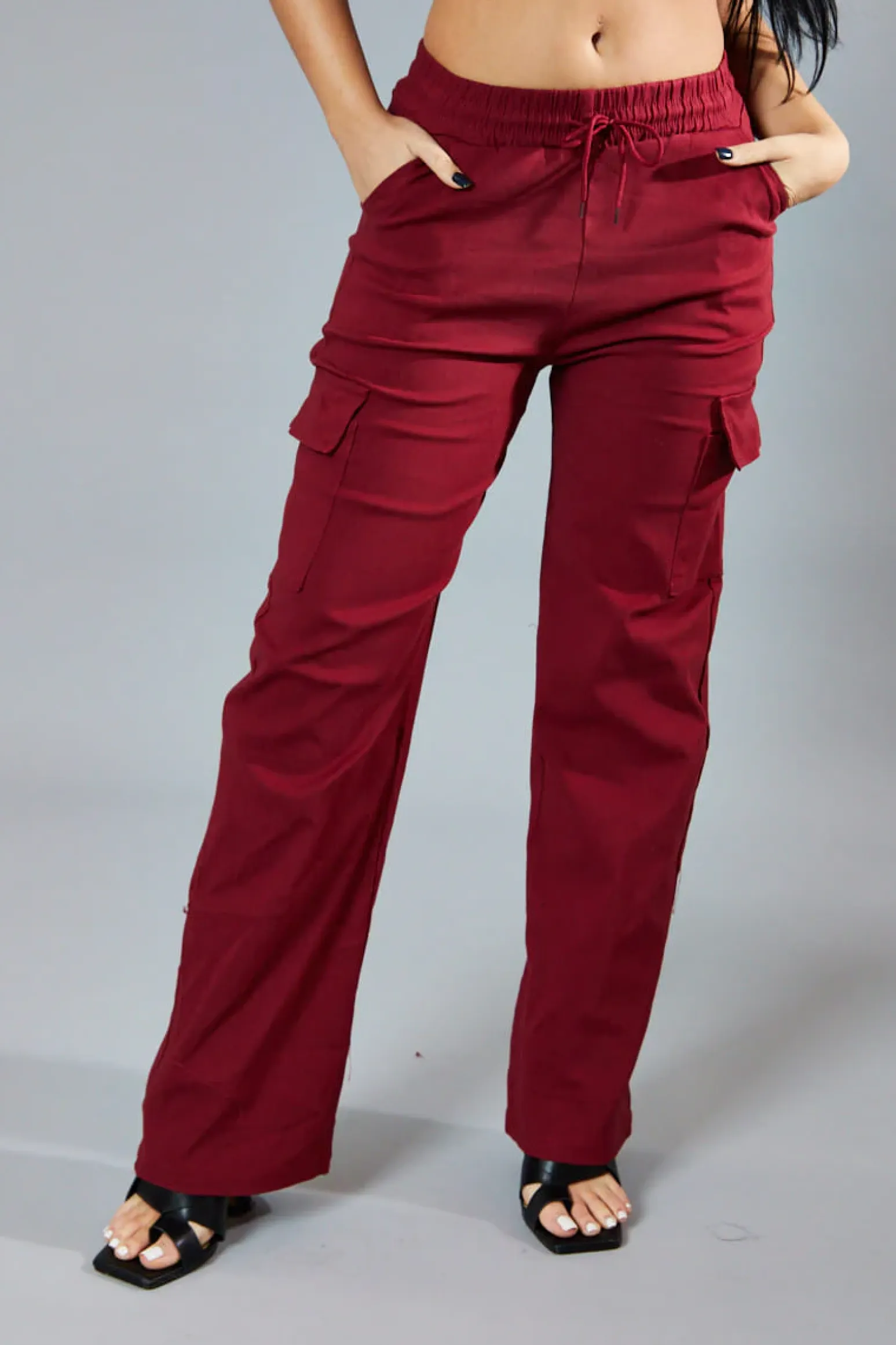 Rebellious Fashion Burgundy Straight Leg Cargo Trousers - Rian