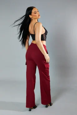 Rebellious Fashion Burgundy Straight Leg Cargo Trousers - Rian