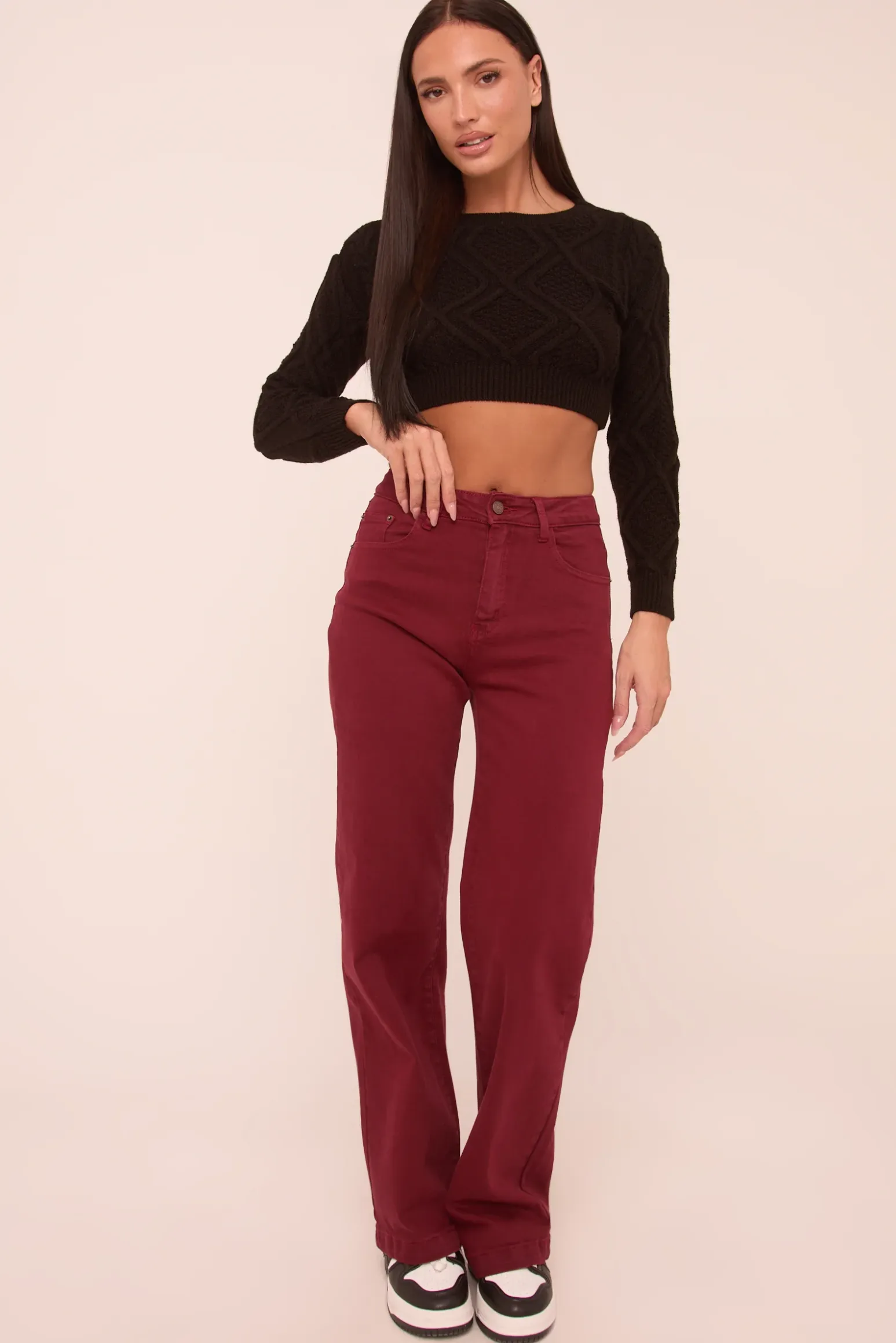 Rebellious Fashion Burgundy Stretch Mid Waist Straight Leg Denim Jeans - Misha