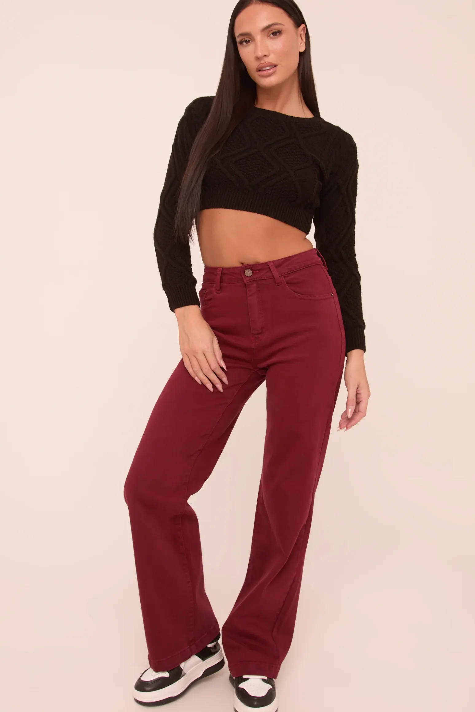 Rebellious Fashion Burgundy Stretch Mid Waist Straight Leg Denim Jeans - Misha