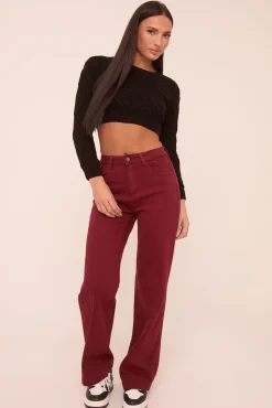 Rebellious Fashion Burgundy Stretch Mid Waist Straight Leg Denim Jeans - Misha
