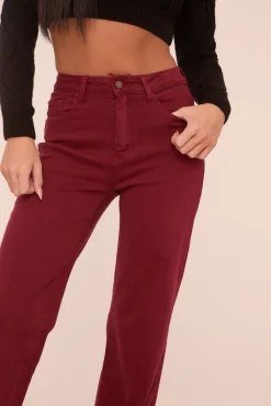 Rebellious Fashion Burgundy Stretch Mid Waist Straight Leg Denim Jeans - Misha