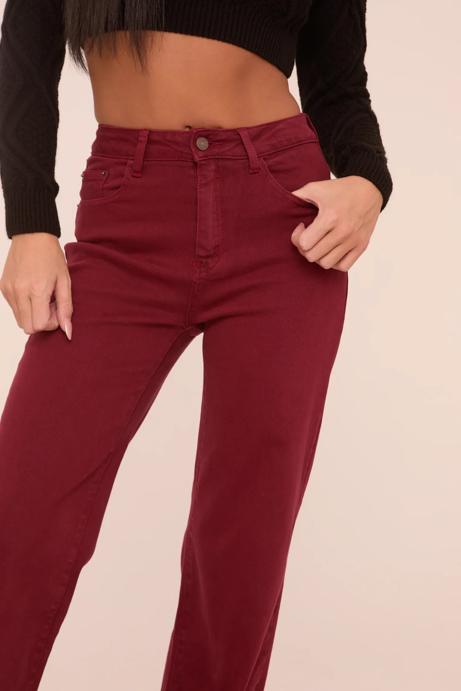 Rebellious Fashion Burgundy Stretch Mid Waist Straight Leg Denim Jeans - Misha