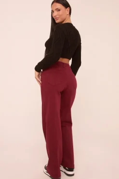 Rebellious Fashion Burgundy Stretch Mid Waist Straight Leg Denim Jeans - Misha