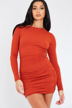 Rebellious Fashion Burnt Orange Full Sleeve Rib Mini Dress - Talisa