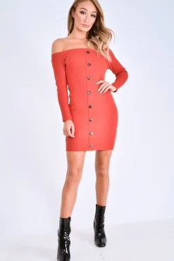 Rebellious Fashion Burnt Orange Rib Button Down Mini Dress - Lorenna