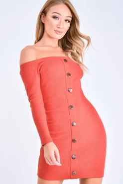 Rebellious Fashion Burnt Orange Rib Button Down Mini Dress - Lorenna