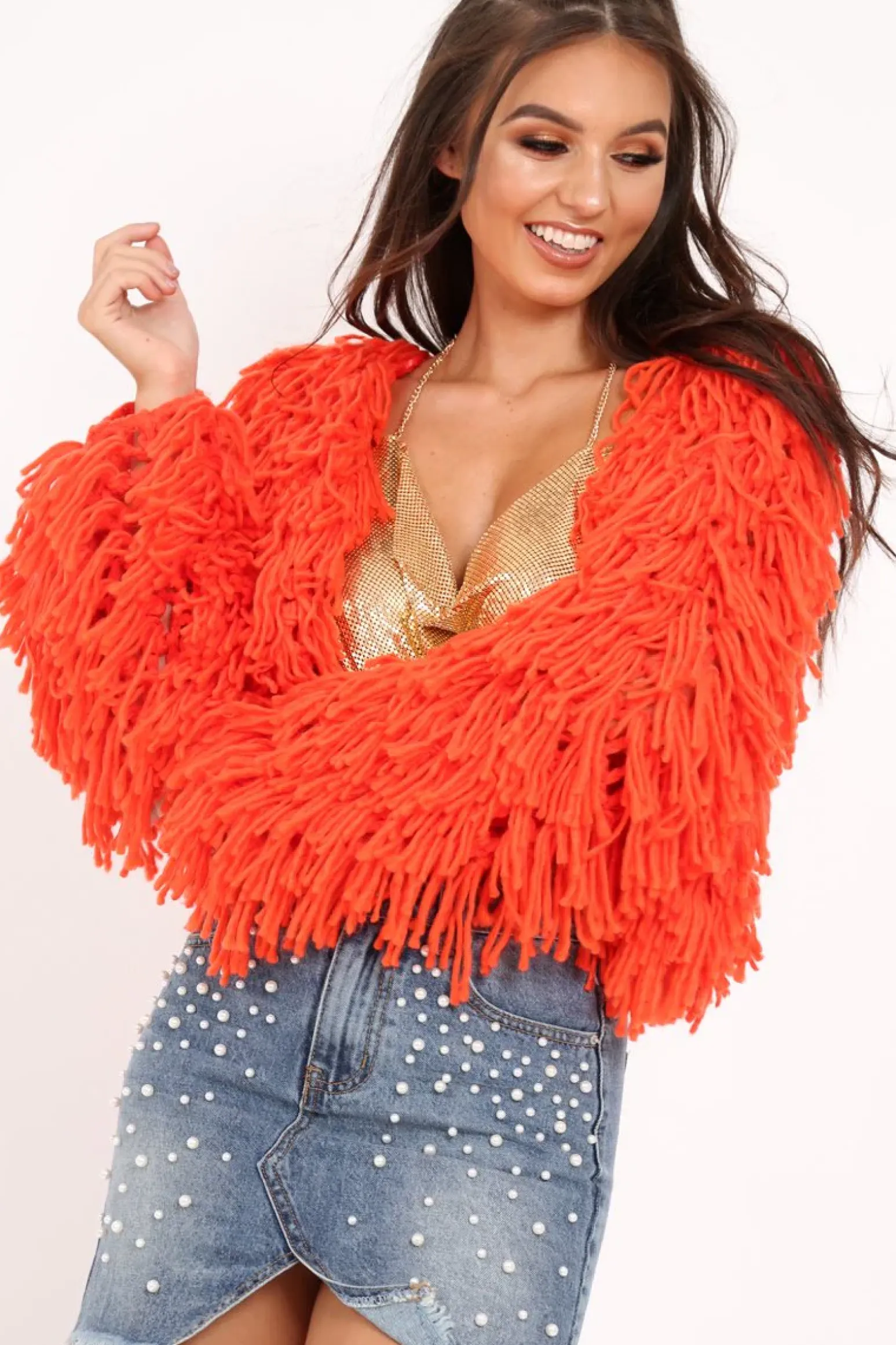 Rebellious Fashion Burnt Orange Shaggy Crop Jacket - Neha