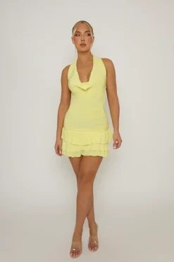 Rebellious Fashion Butter Yellow Cowl Front Ruffle Mini Dress - Marcela
