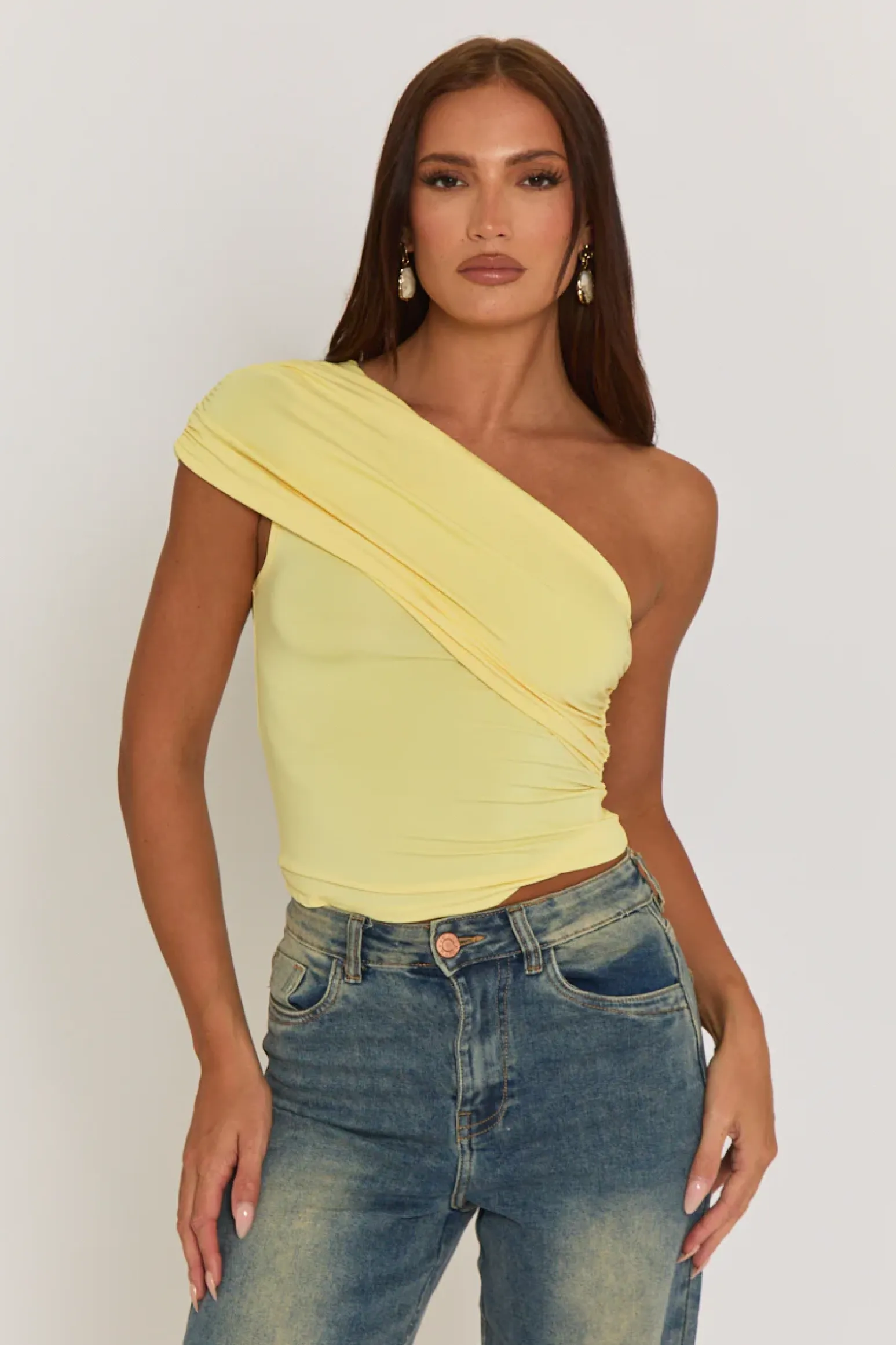 Rebellious Fashion Butter Yellow One Shoulder Jersey Top - Cadie