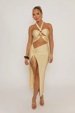 Rebellious Fashion Butter Yellow Ring Detail Cut Out Midaxi Dress - Livia