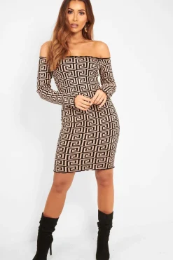 Rebellious Fashion Camel Aztec Lettuce Hem Bardot Dress - Marleigh