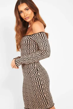 Rebellious Fashion Camel Aztec Lettuce Hem Bardot Dress - Marleigh