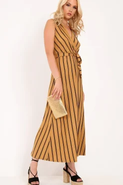 Rebellious Fashion Camel Black Stripe Plunge Wrap Maxi - Skyelin