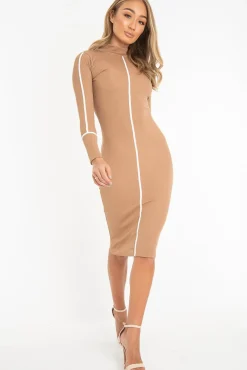 Rebellious Fashion Camel Contrast Stripe Detail High Neck Midi Dress - Niana