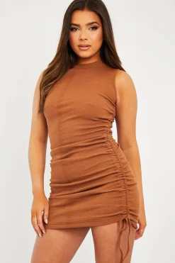 Rebellious Fashion Camel High Neck Side Ruched Mini Bodycon Dress - Nia