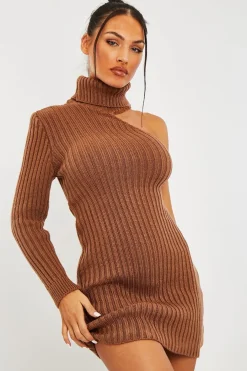 Rebellious Fashion Camel One Shoulder High Neck Knit Mini Dress - Elien