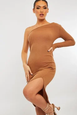 Rebellious Fashion Camel Ribbed One Sleeve Midi Dress - Diona