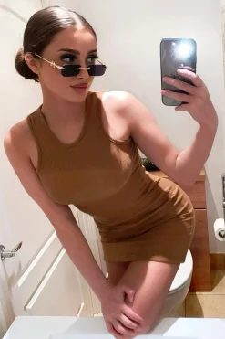 Rebellious Fashion Camel Ribbed Racer Midi Dress - Azra