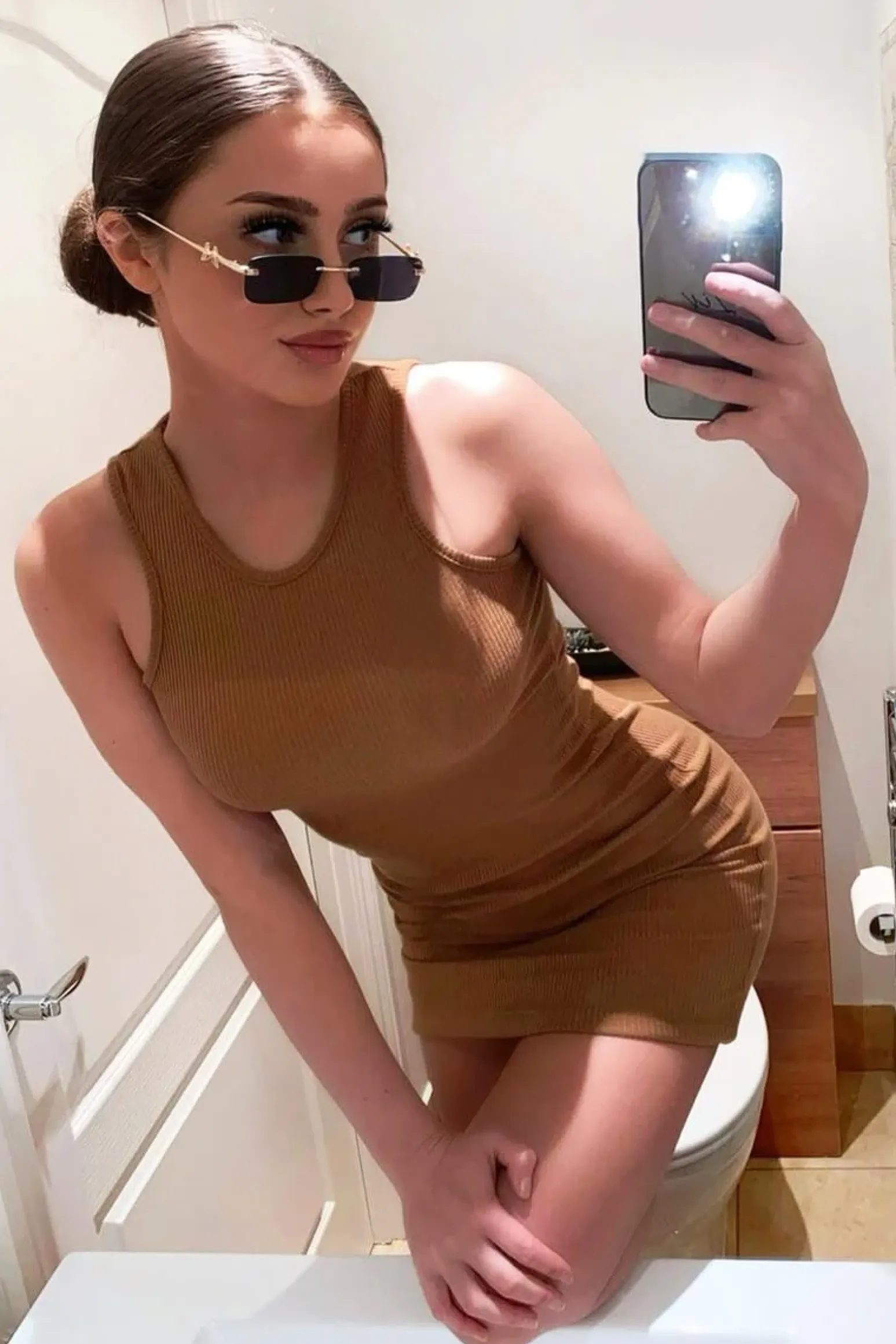 Rebellious Fashion Camel Ribbed Racer Midi Dress - Azra